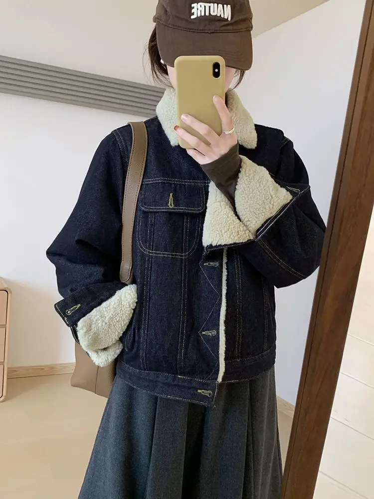 

Джинсовое пальто для женщин, длинное меховое плюшевое женское осеннее пальто против морщин, стандартный крой с воротником-стойкой в консервативном стиле, повседневный городский комфорт, Snap Femme