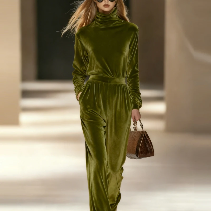 

Женский элегантный простой бархатный длинный брючный костюм, повседневная одежда со складками и карманами с длинными рукавами, модная водолазка, пуловер и брюки, комплект из 2 предметов
