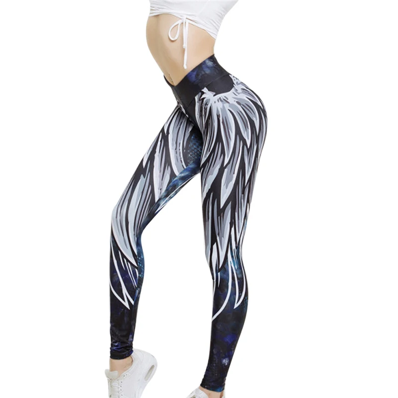 Gym Seamless Fitness Leggings Tummy Control Angel Wings Print Women Sports Pants Running Sportswear Stretchy