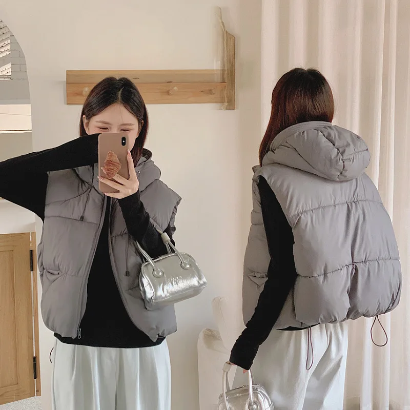 Hooded Women Parkas Vest Coats Solid Overcoat Sleeveless Drawstring Hem Zipper Thick Loose Office Lady Casual 2025 Autumn Winter
