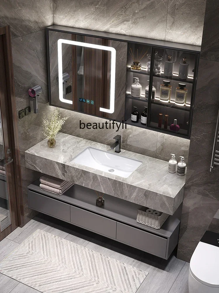 

Stone Plate Ceramic Seamless Basin Bathroom Cabinet Combination Modern Minimalist Bathroom Table