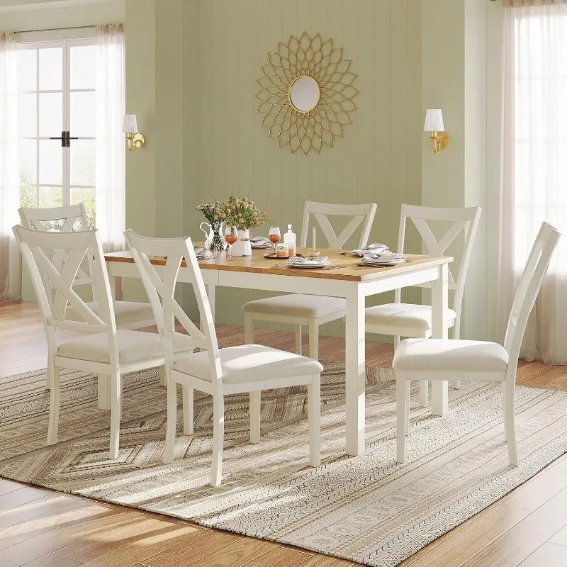 7 Piece Farmhouse Solid Wood Dining Table with 6 Chairs, 60 