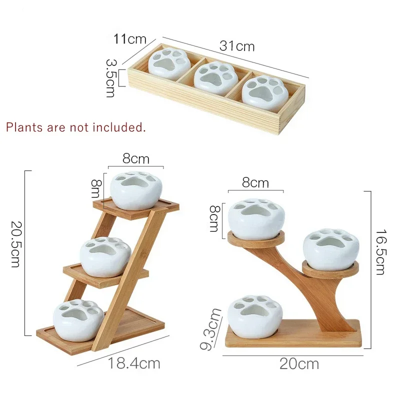 

Ceramic Succulent Planter Pot Cat Paw Flowerpot Porcelain Desktop Flower Plant Pot (3 pots + 1 bamboo stand)