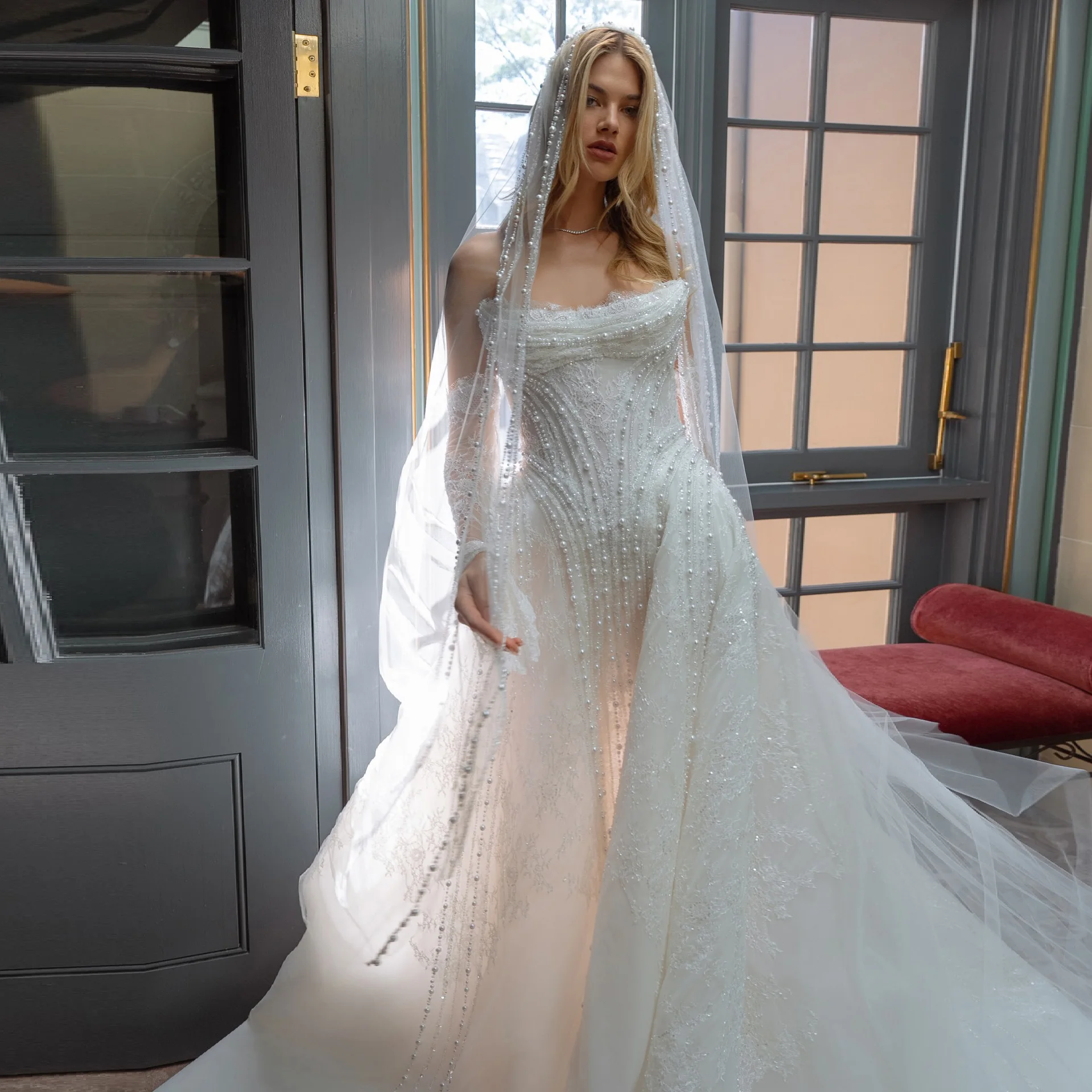 

Sharon Said Luxury Heavy Pearl Beading Strapless Wedding Dress with Veil Women Formal Evening Party Bride Gown SW587 Customized