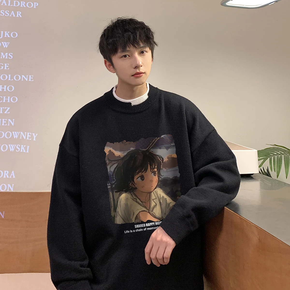 

Loose Men's Knitted Sweater Spring Autumn Trendy Fake Two-Piece Cartoon Print Base Layer Top Japanese Retro Sle