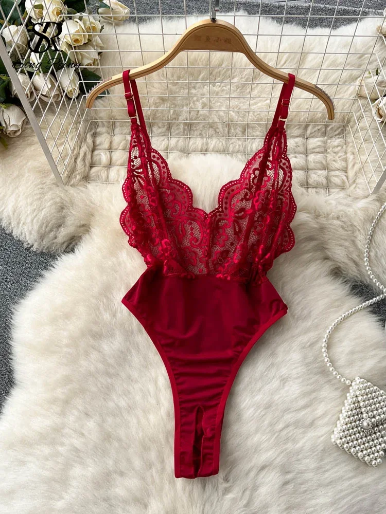 Camicie senza maniche Tute sexy in pizzo Donna Lingerie sottile senza schienale Pagliaccetti trasparenti Summer Night Club Tute erotiche