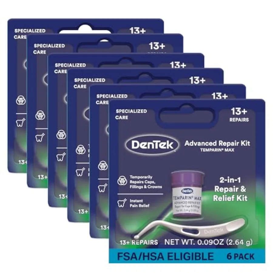 DenTek Temparin Max Dental Repair Kit, for Pain Relief and Temporary Repair, Pack of 6 Kits, 13+ Repairs per Kit