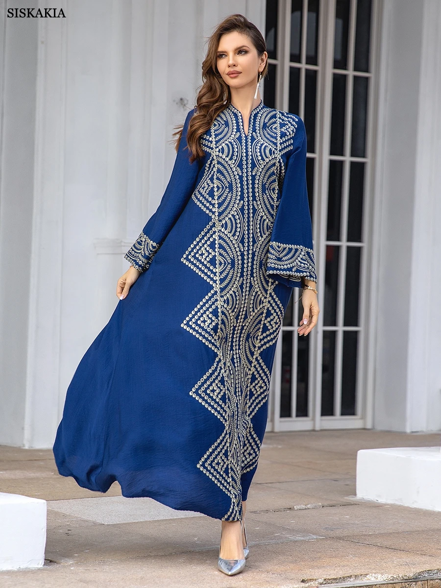 Siskakia Fashion Dubai Women Dress Floral Embroidery Abayas Long Sleeve Notched V-Neck Loose Skirt Arabic Party Dress