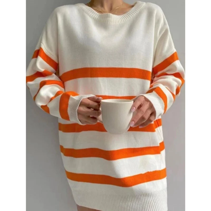 

REALEFT, осенне-зимний винтажный полосатый свободный женский пуловер, свитер, новинка 2025, повседневный трикотаж с круглым вырезом и длинными рукавами, женские свитера