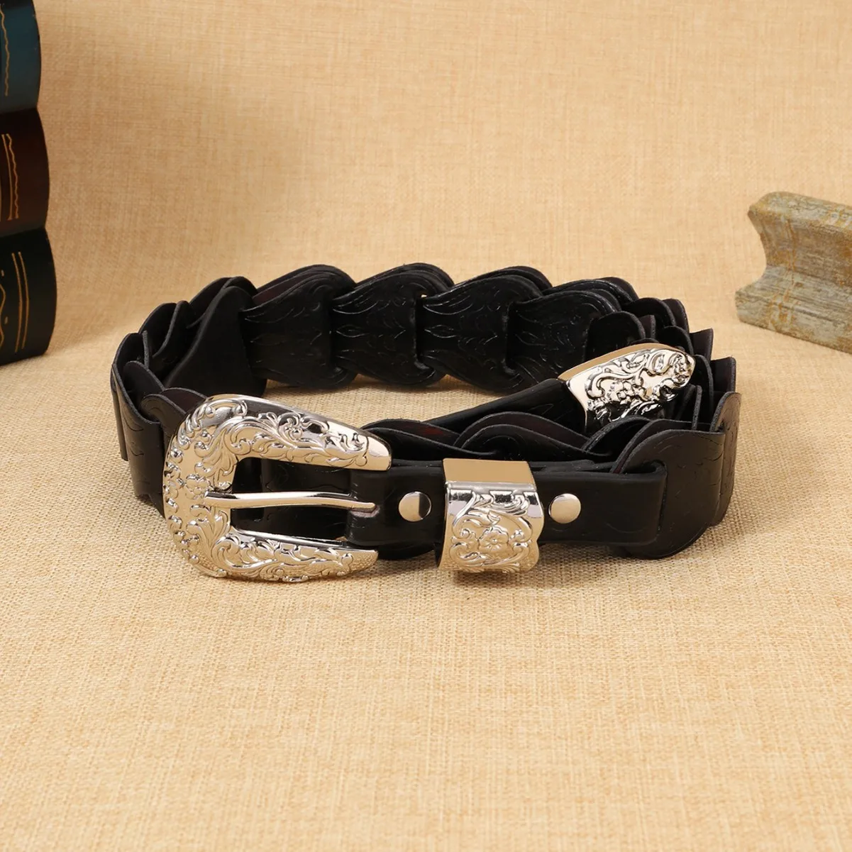 Black/Brown Bohemia Rhinestone Leather Rivet Belts Women, Glitter Vintage Silver Metal Decorative Fastener Buckle Belt for Woman