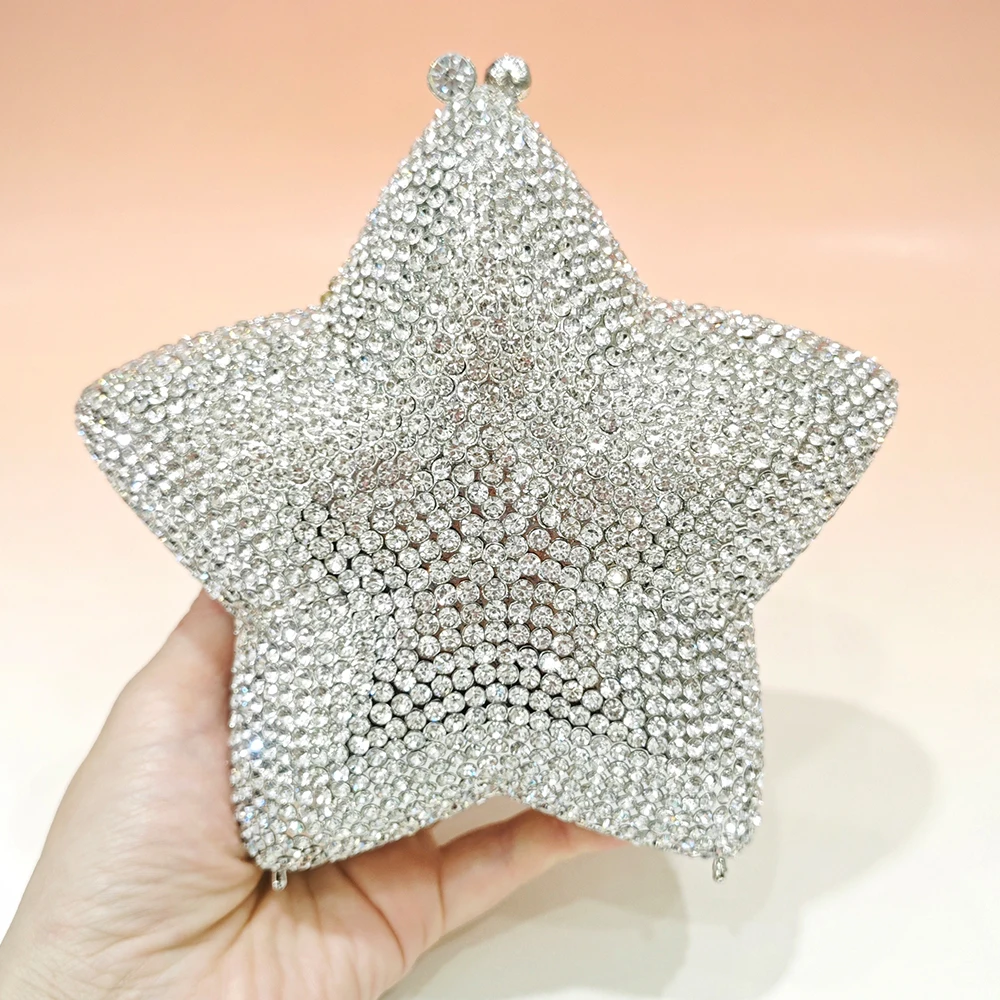 2024 Silver Star Shaped Diamond Evening Bags Crystal Women Wedding Party Purses  Five-Angled Star Clutch Rhinestone Bag Purses