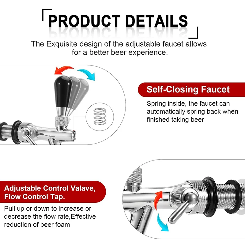 Upgraded Adjustable Beer Faucet, Stainless Steel Core Brass Body Keg Tap Faucet Draft Beer Tap Faucet with Flow Control image 2