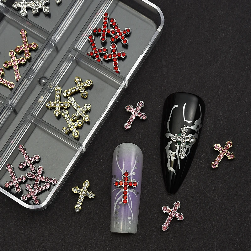 ชุดตกแต่งเล็บ 1 กล่อง ลายกากบาท 3 มิติ ประดับด้วยคริสตัลโลหะผสม สำหรับตกแต่งเล็บ ไม่มีกลิ่น ประดับเล็บระยิบระยับ ลายศาสนา สำหรับทำเล็บ