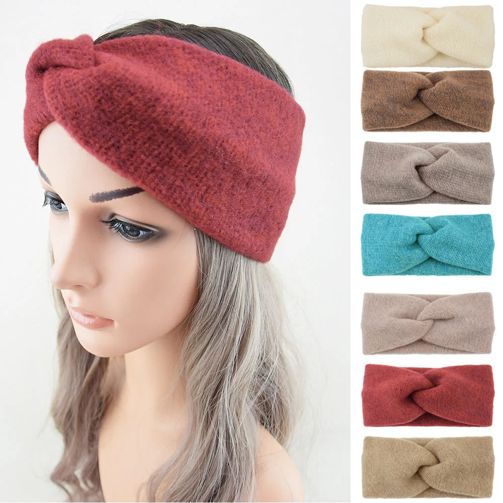 Beautifal Mohair Cross Knot Headbands Women Girls Hair Bands Winter Warm Knitting Hair Accessories Solid Color Turban Bandage