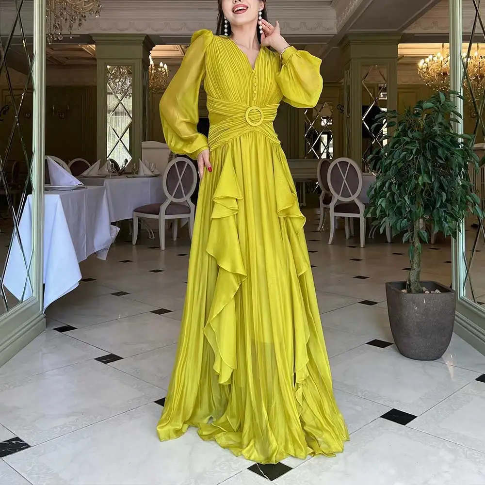 

Chiffon A-Line Yellow Evening Dress Pleated V-Neck With Button Ruffled Long Sleeved Women's Elegant Formal Occasion Prom Gown