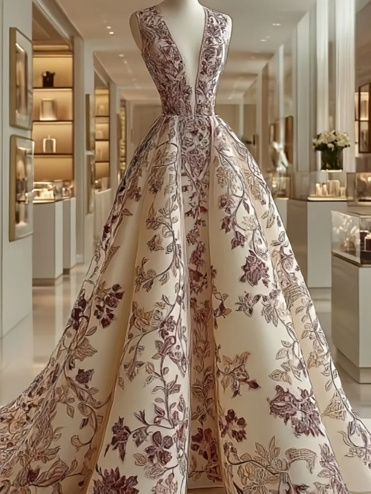 Luxuriöses Maxikleid mit Blumenmuster für Damen, sexy tiefes V-Ausschnitt ärmelloses Abendkleid, elegantes Vintage A-Linien Ballkleid für Partys