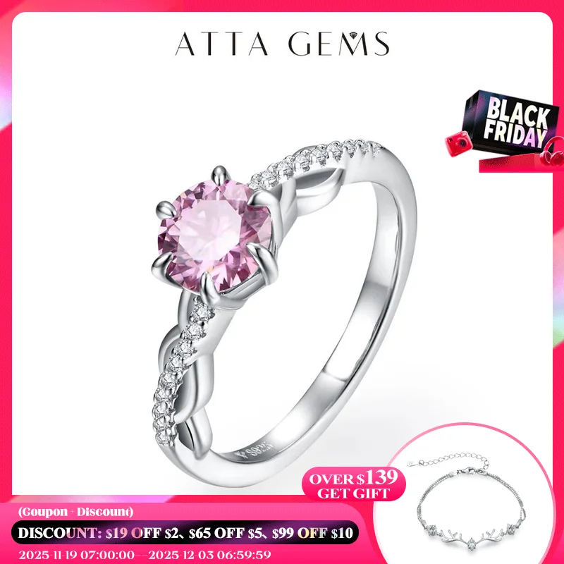 

ATTAGEMS D Color Round Cut 1.0ct Pink Moissanite Ring for Women Man Real 100% 925 Sterling Silver Engagement Anniversary Jewelry