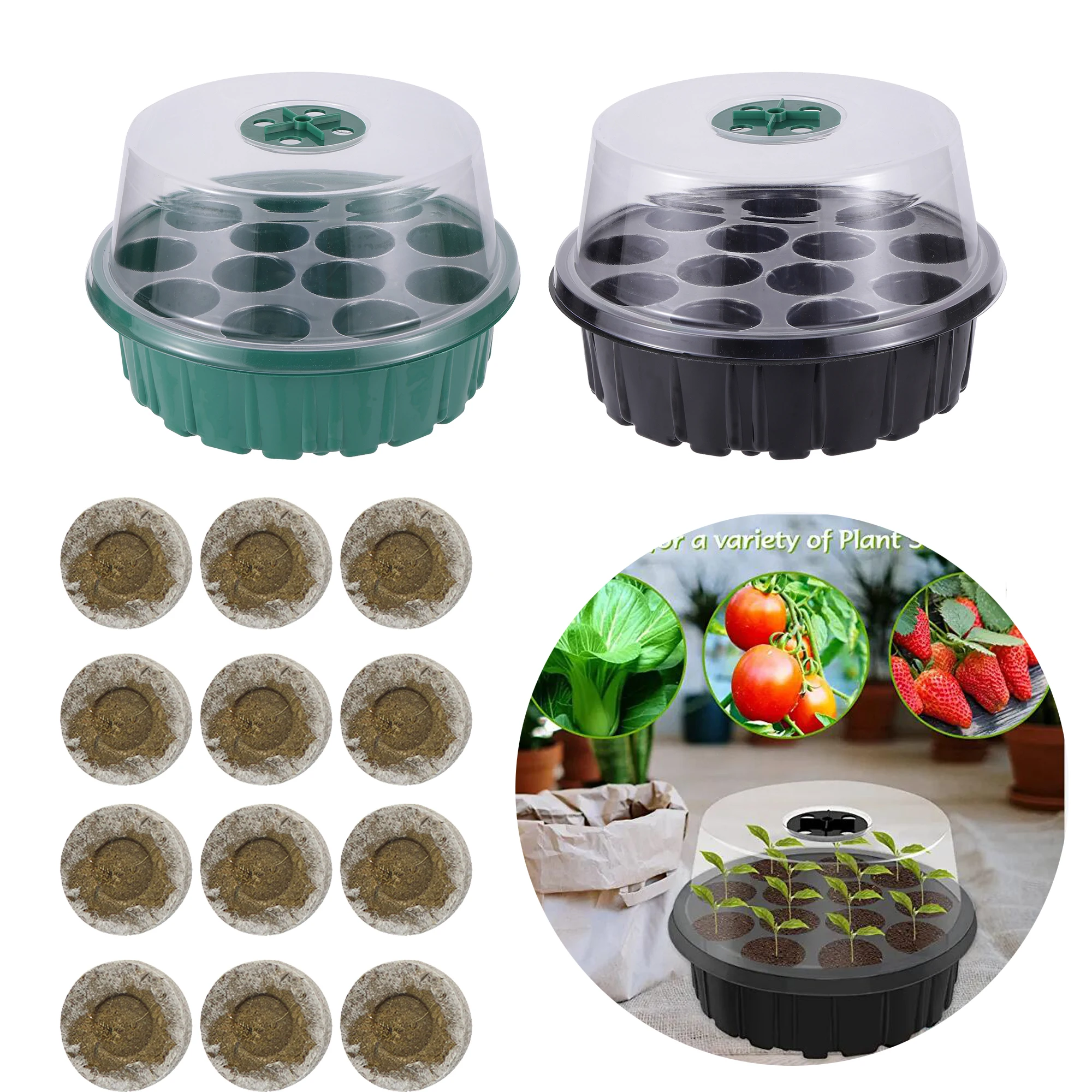 

13-hole Round Nursery Box With Humidity Regulation Breathable Cover Nursery Pot Greenhouse Spreading Tray Seed Growth Tray