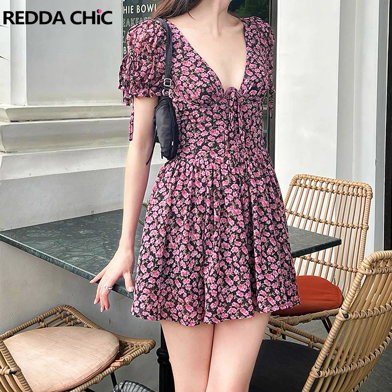

REDDACHiC Plunge V-neck Women Mini Dress Floral Puff Short Sleeve Bandage A-line Pretty Elegant Sundress Holiday Summer Clothes