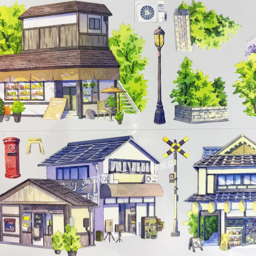 Japanese Street Shop House Mailbox Lamp Cherry Blossom PET Washi Tape Stickers Scrapbooking Journal Decoration DIY
