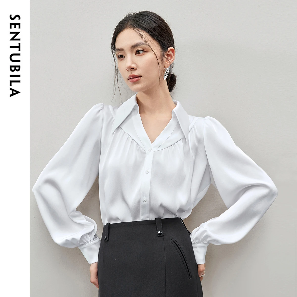 

SENTUBILA Satin Shirt for Women 2025 Spring Autumn Elegant Loose Lapel Folds Long Sleeve Office Lady Chic Blouses Top 143C55794