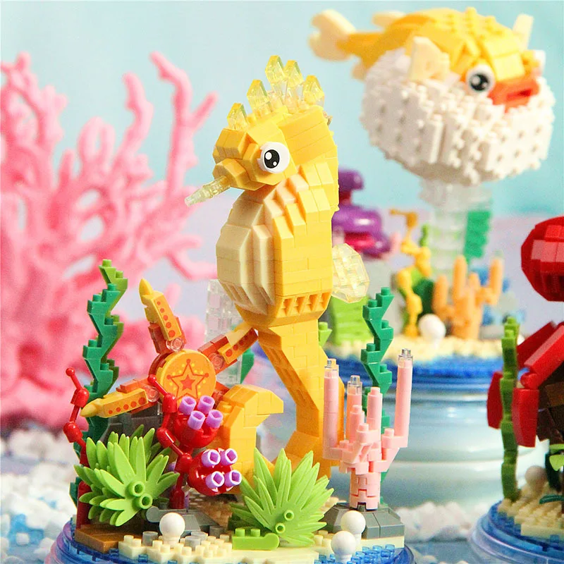 DIY MOC Drifting Bottle Ocean Animal Octopuses Pufferfish Seahorses Hermit Crabs  Building Blocks Model Bricks Kids Sets Kit Toy