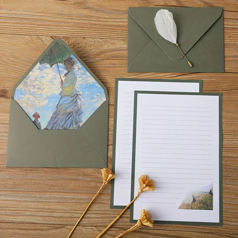 16pcs Writing Stationary Paper With Decorative Envelopes (6pcs Envelopes+10 Sheets Stationary Paper) Unique Oli Painting Design