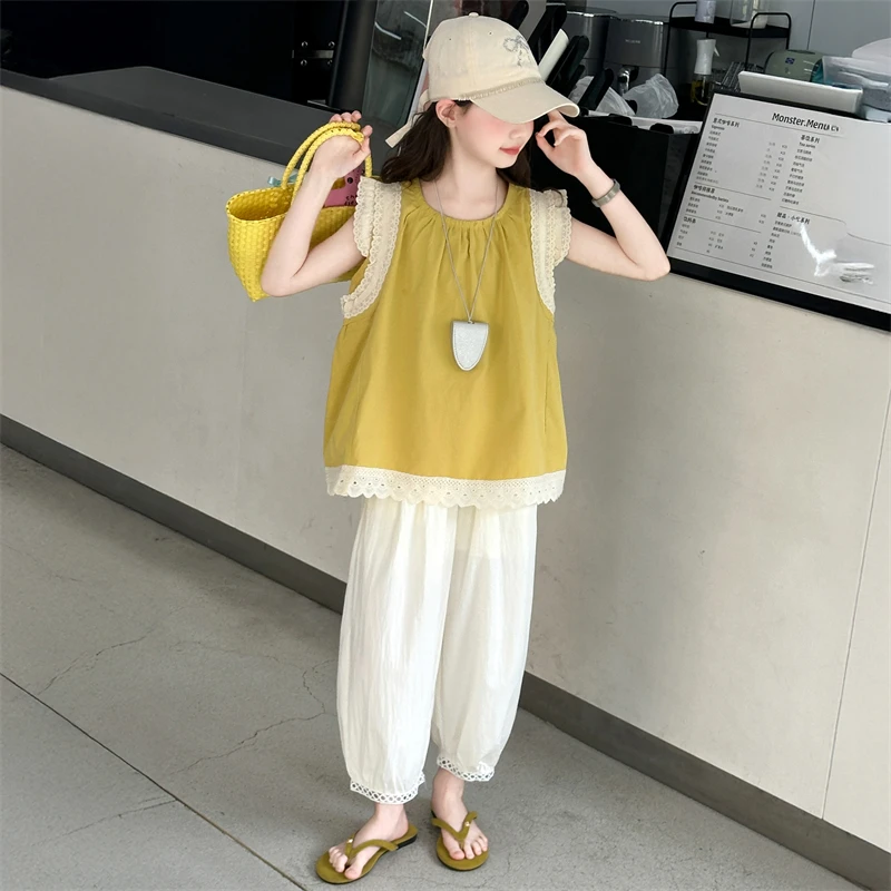 

Girls Summer Clothing Set Children Flutter Sleeve Doll Blouse + Lantern Pants Two-Piece Set 2025 New