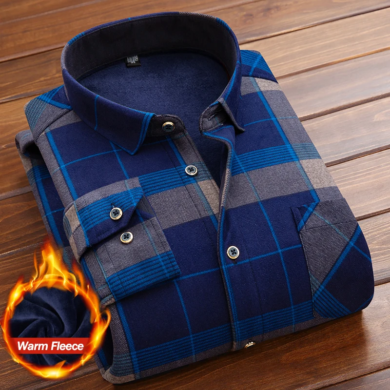 Plaid Printed Shirt Men's Winter Thicken Fleece Warm Long-sleeved Classic Business Casual Elastic Plush Velvet Thermal Shirts