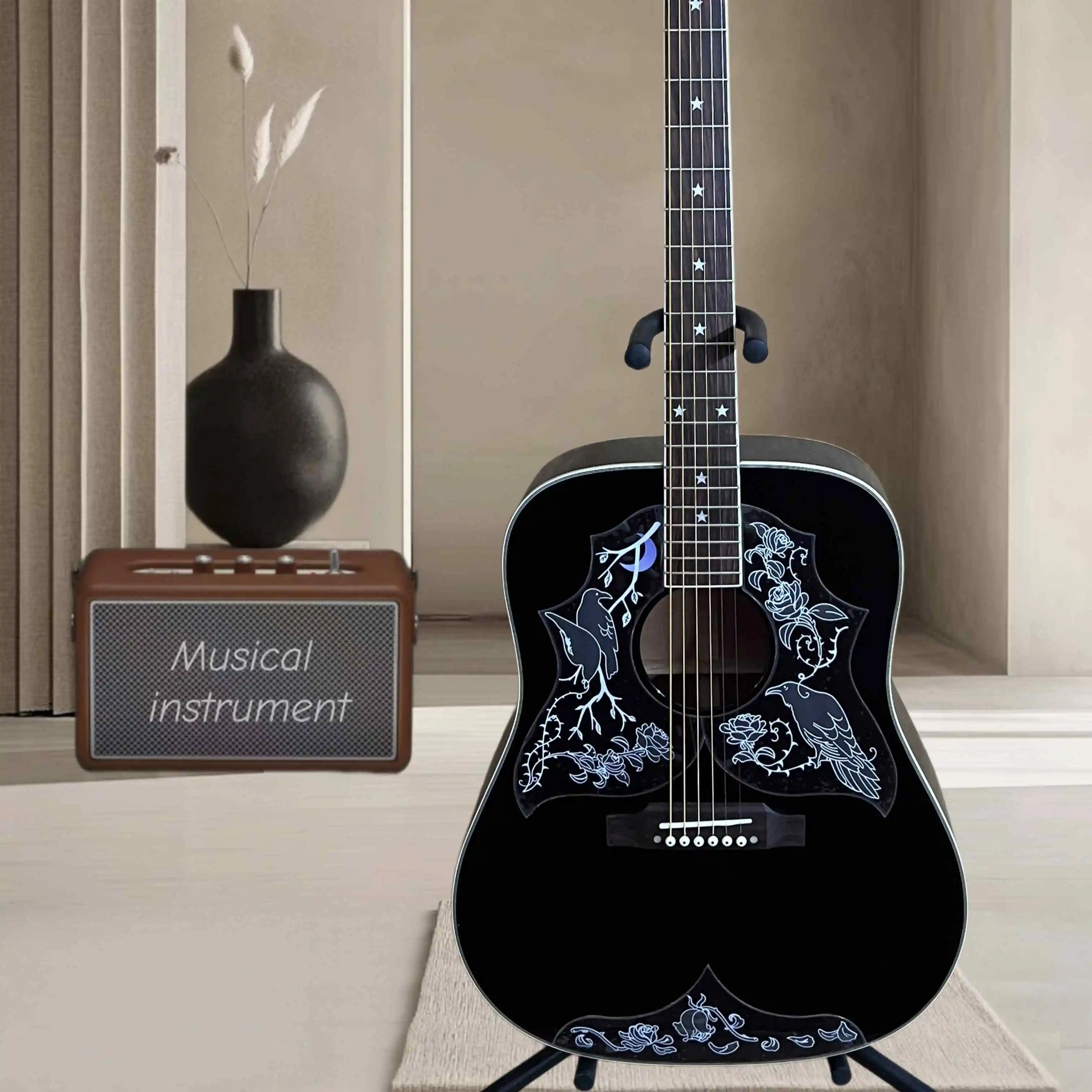 New Arrival Launch Black Acoustic Guitar Crow Guard Board Spruce Top 6-Chord Peach Blossom Core Back Side Panel in Stock
