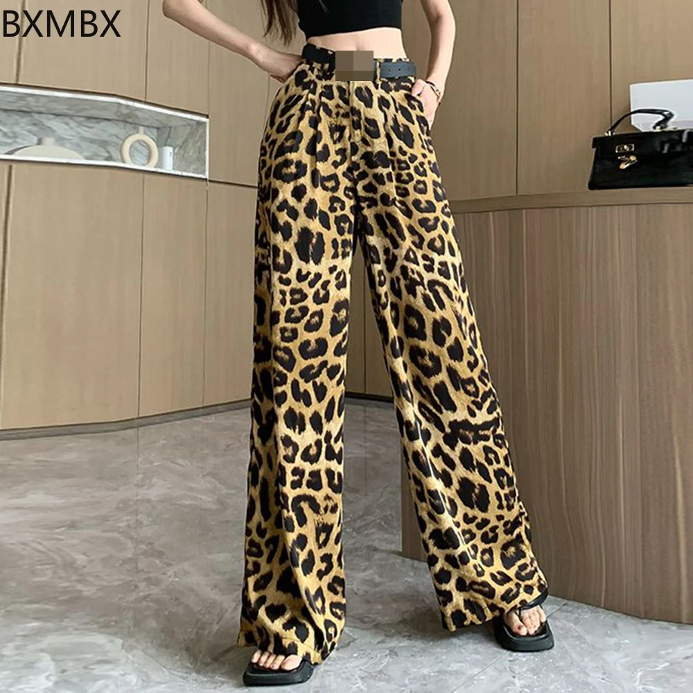 Leopard print wide-leg pants women's summer thin acetic acid satin casual pants loose straight hanging cool and cold silk pants