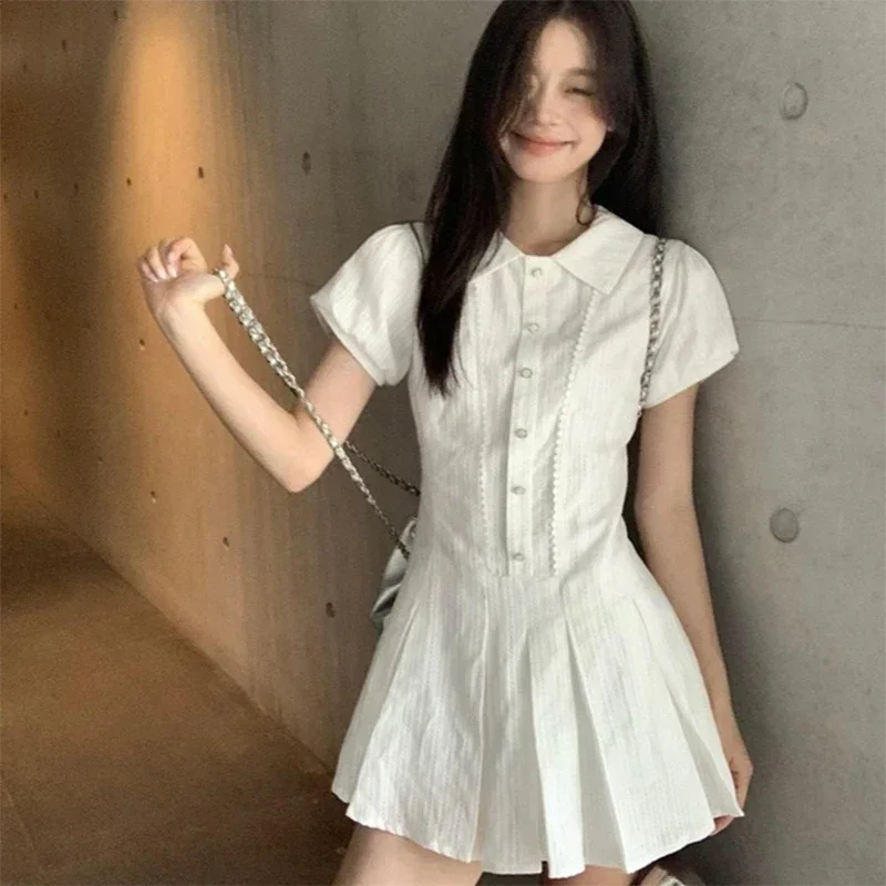 Mini Dress Preppy Style School Student Puff Sleeve Summer A-line Short Dresses