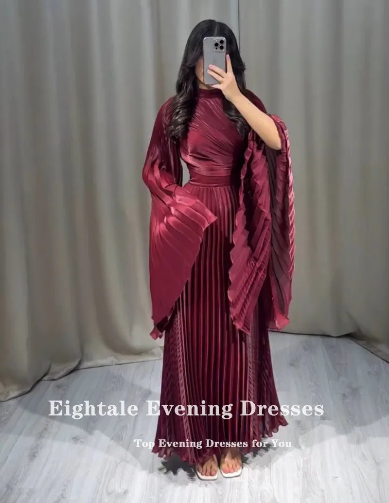 

Eightale Burgundy Evening Dress O-Neck Customized Pleats Arabic Prom Satin Long Sleeves Wedding Party Gown Vestidos De Gala