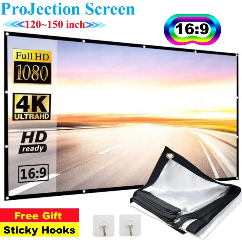 Projector Screen 16:9 Portable Projection Screen 120/150 Inch Outdoor HD Movie Screen 180° Cinema Screen For Travel Home Theater