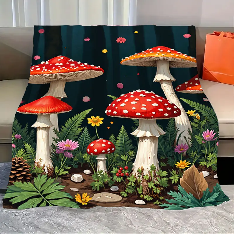

1pc Flannel Blanket Enchanted Forest Mushroom Blanket - Cozy Nature Scene Throw for Home Decor