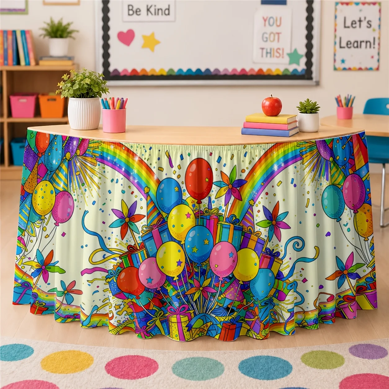 One set of rainbow balloons and multicolored confetti table runner with striped border -