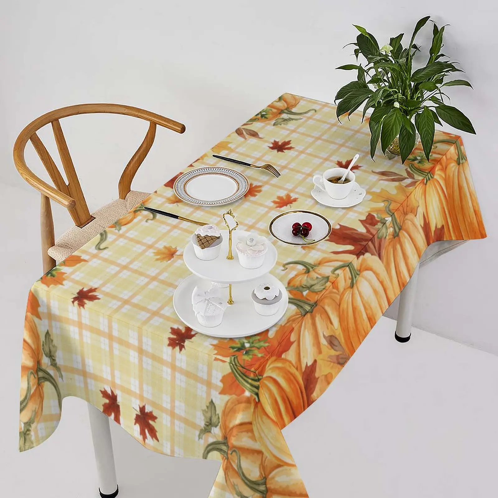 

Waterproof Durable Yellow Checkered Tablecloth, Pumpkin Print