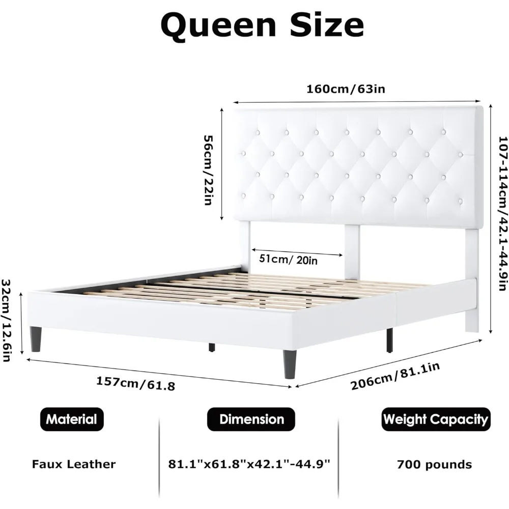 Upholstered Platform Bed Frame with Button Tufted Headboard, Faux Leather, Wooden Slats Support, No Box Spring Needed,White