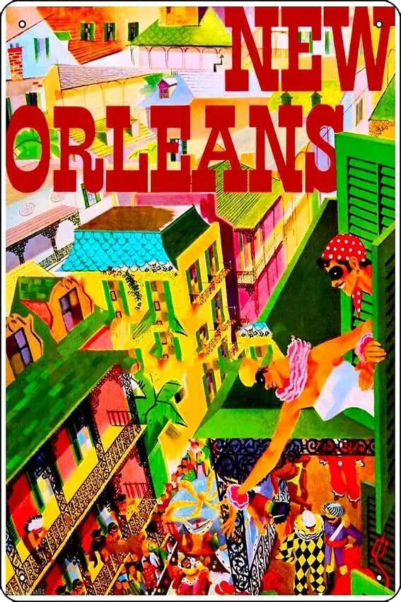 NEW ORLEANS : Vintage Mardi Gras, Travel and Tourism Print Print Metal Tin Sign 12 X 8 Inch Funny Man Cave Home Office Bar Decor