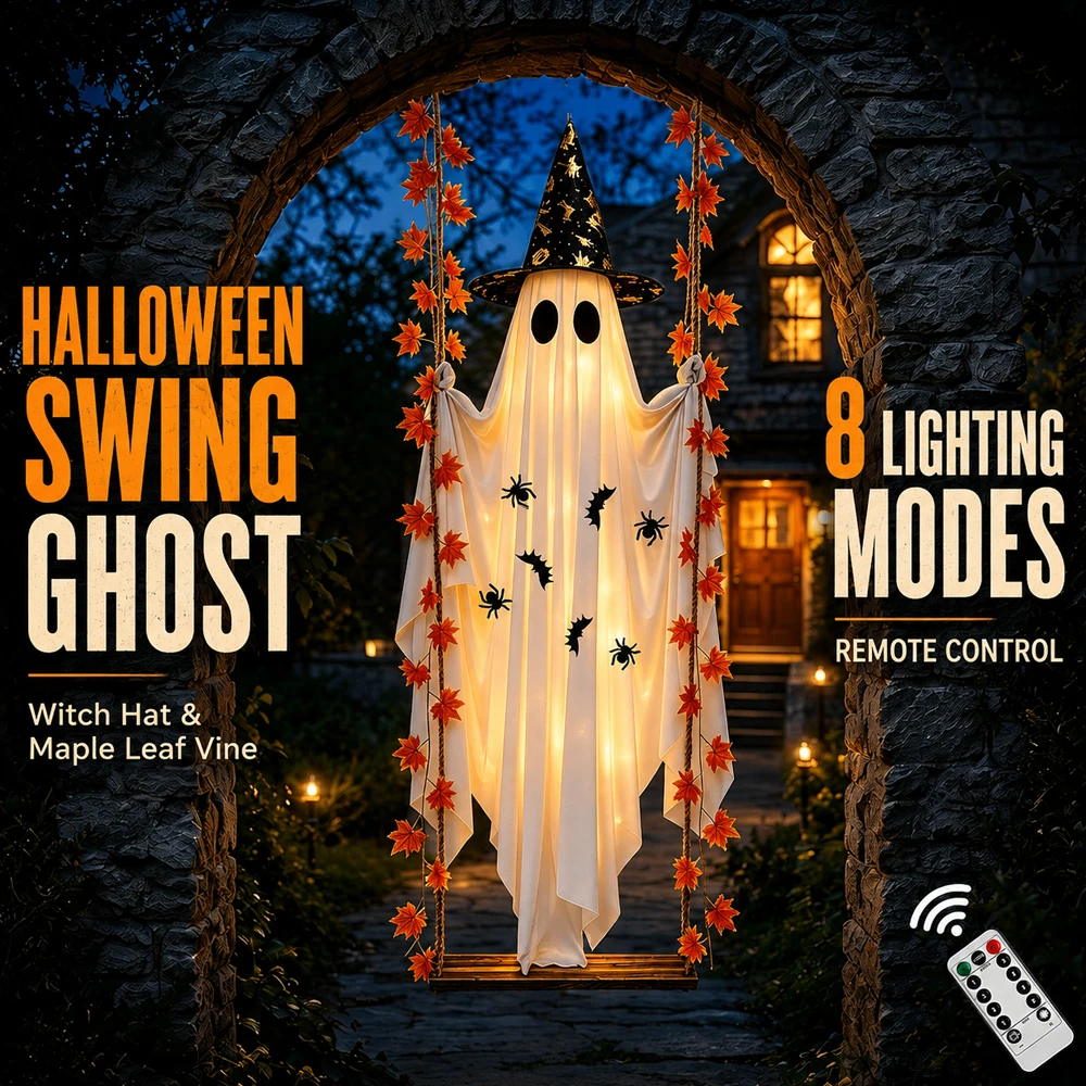 Halloween Decorations Outdoor Large Hanging Swing Ghost Outdoor Decor with Witch Hat & Maple Leaf Vine, Remote Control LED Light