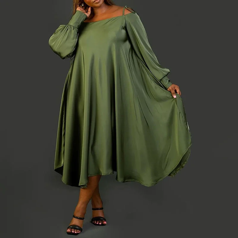 Plus Size Daily Midi Dresses Elegant Emerald Green Midi Fall Winter Off The Shoulder Long Sleeve Cut Out Satin Midi Dresses