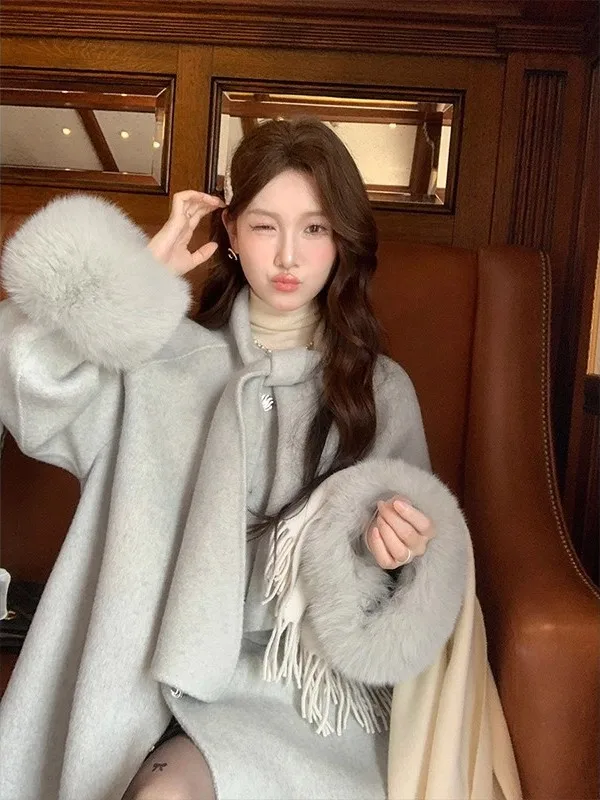 

Double-Faced Camere Fur Cuffed Sve Women's Coat Woolen Outerwear Korean Sle Straight Cut Winter New Arrival