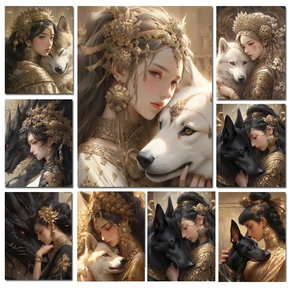 Faithful Friends Dog 5D DIY Diamond Painting Fantasy Woman Rhinestones Of Picture Full Round Cross Stitch Mosaic Embroidery V450