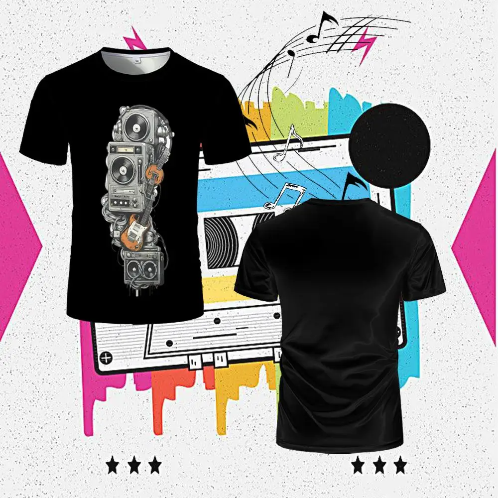 

Summer Retro Music Print T-shirt Fun Vinyl Record Pattern Fashionable Short-sleeved Men And Women Rock Band Style Breathable Top