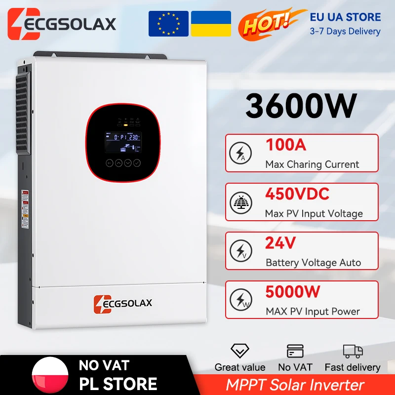 ECGSOLAX 3.6KW Hybrydowy Inwerter Solarny 24V Off-grid z Kontrolerem Ładowania MPPT 100A, Maks. Napięcie PV 450V