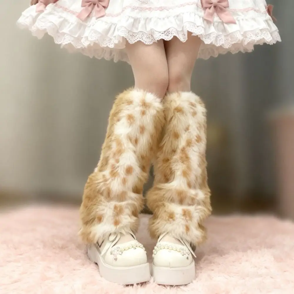 

Fashion Leopard Winter Leg Warmers Foot Cover Y2k Plush Leg Coverings Lolita JK Kawaii Furry Leg Warmers Streetwear