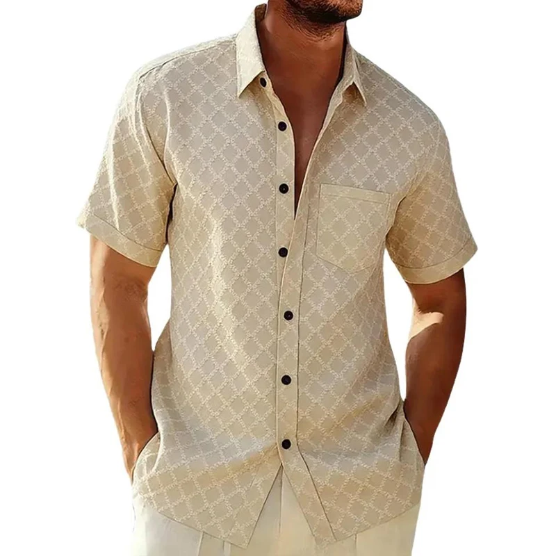 New Men's Summer Diamond Grid Short Sleeve Hawaiian Shirt Casual Solid Beach Holiday Fashion Stylish Office Work Business