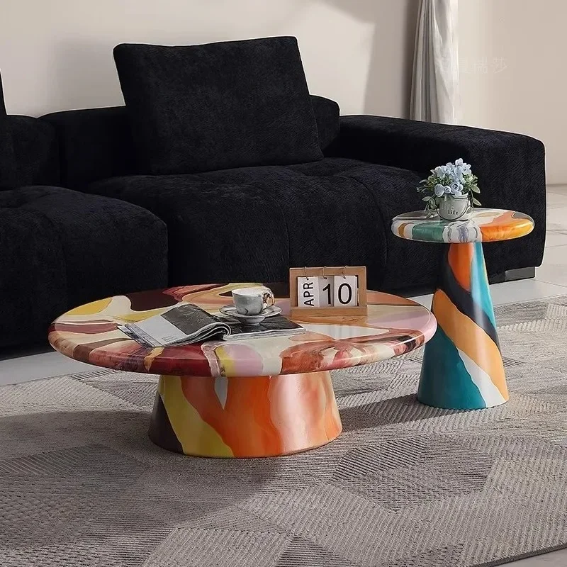 

Medieval creative light luxury painted solid wood living room hand-painted oil painting designer personalized round coffee table