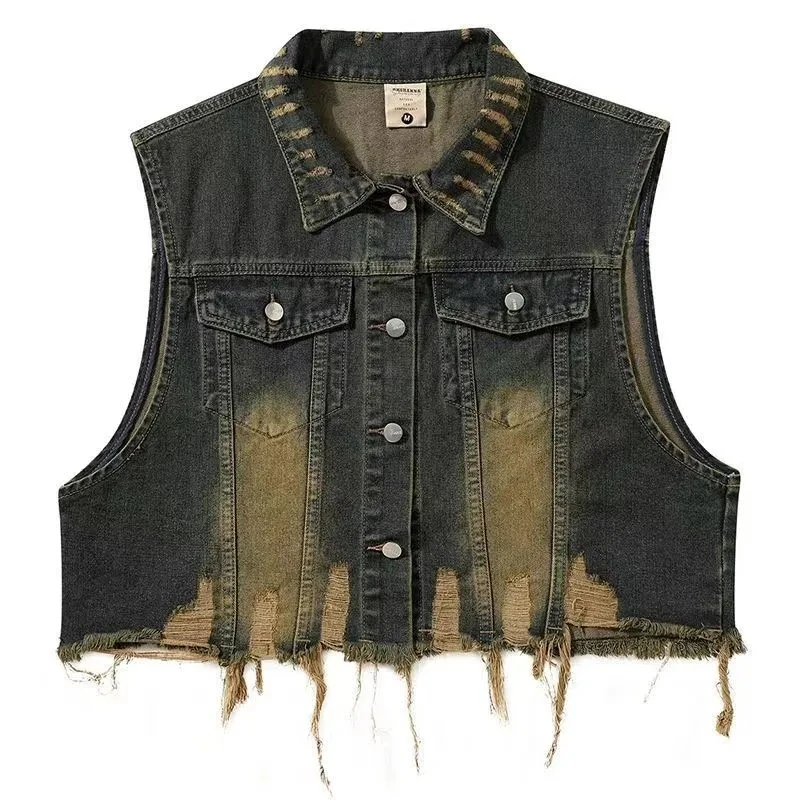 2024Retro Design Feeling Washed Make Old Denim lapel Short Vest Loose And Versatile Sleeveless Single-Breasted Coat Men Women