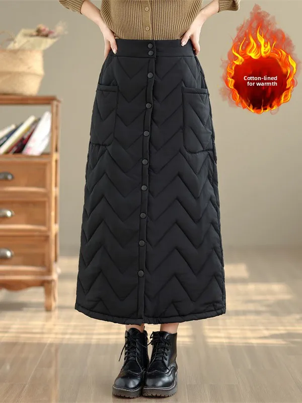 Rok A-Line Berbahan Katun Hangat Berlapis, Pinggang Tinggi, Kancing Ganda, Kasual, Serat Poliester, Model Pear Straight Body
